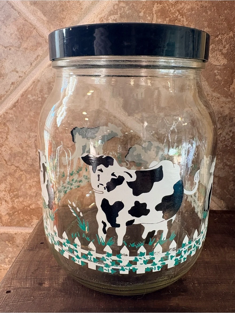 Glass Cookie Jar with Cow Motif and Black Lid Vintage Country Cottagecore